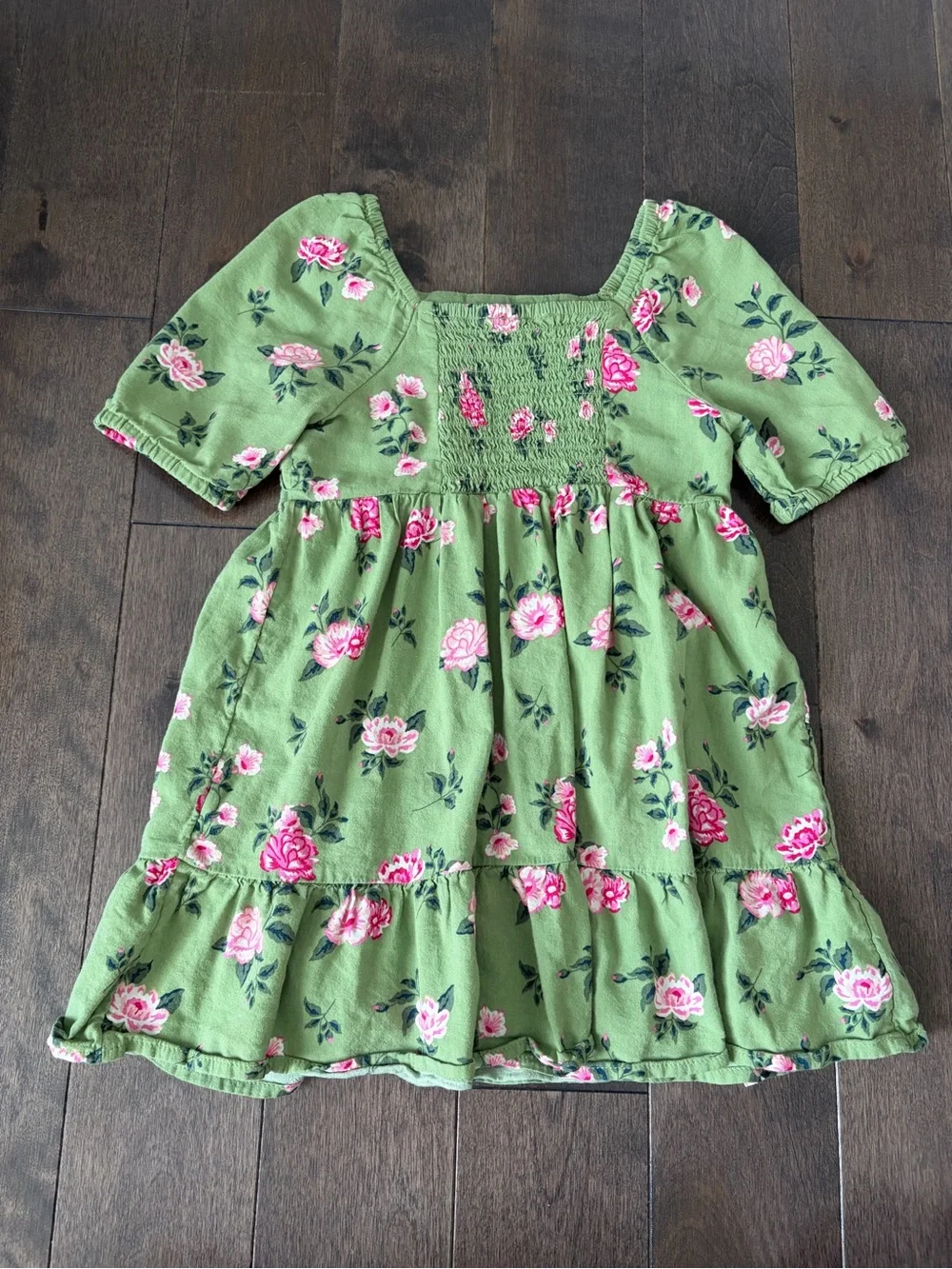 Toddler Girl Children's Place Green Floral Square-Neck Dress with Pink Roses